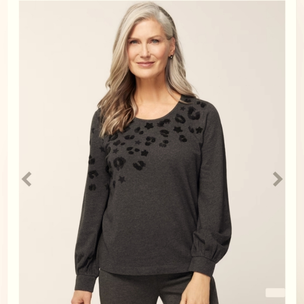 BEADED SWEATER so soft BRAND NEW gray with black beads CHICO'S long sleeves NWT